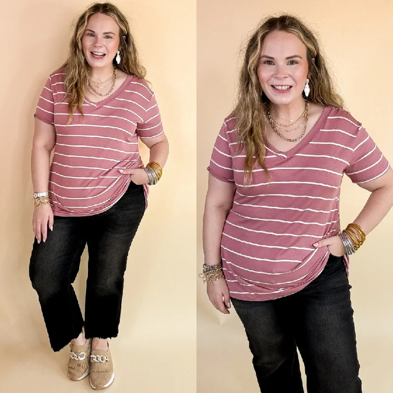 Women's Moisture-Wicking T-Shirts-Keep Things Casual Striped V Neck Tee in Mauve