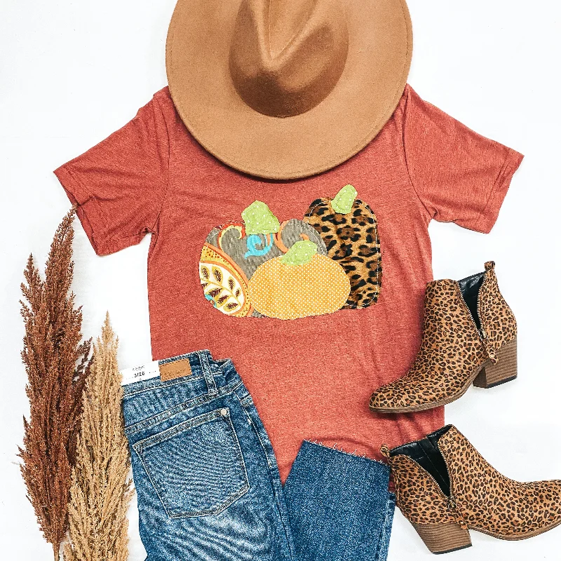 Women's Tie Neck T-Shirts-Pumpkin Patch Short Sleeve Tee Shirt with Hand Sewn Pumpkins in Clay