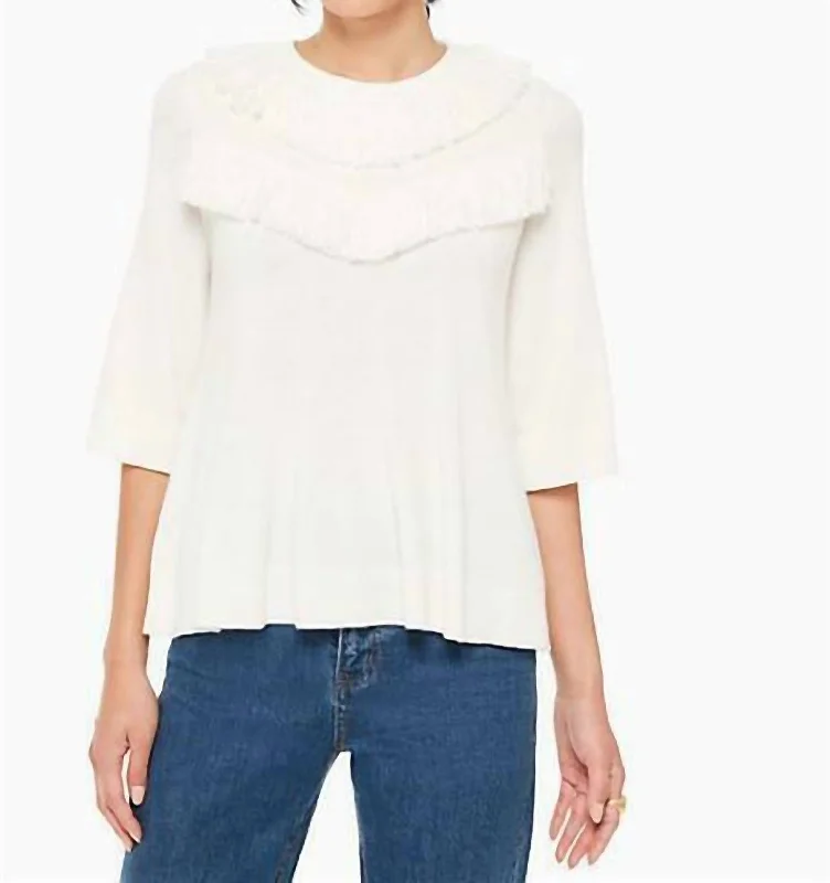 Women's Tulle A-Line Pullovers-Fringe Sleeve Wool Pullover Sweater In Ivory