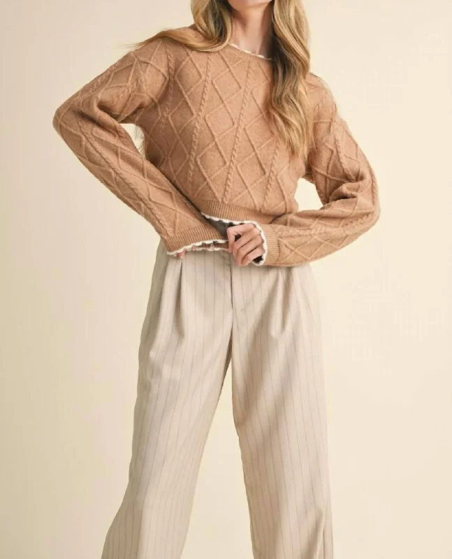 Women's Satin Pleated Pullovers-Cable Knit Cropped Sweater In Camel