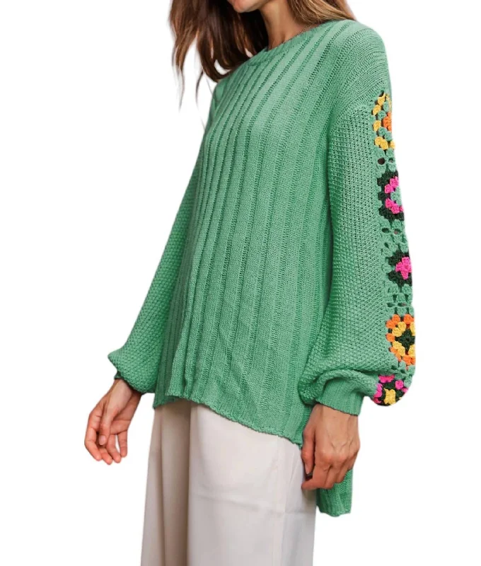 Women's Ribbed Pencil Pullovers-Sweater With Crochet Arms In Mint Green