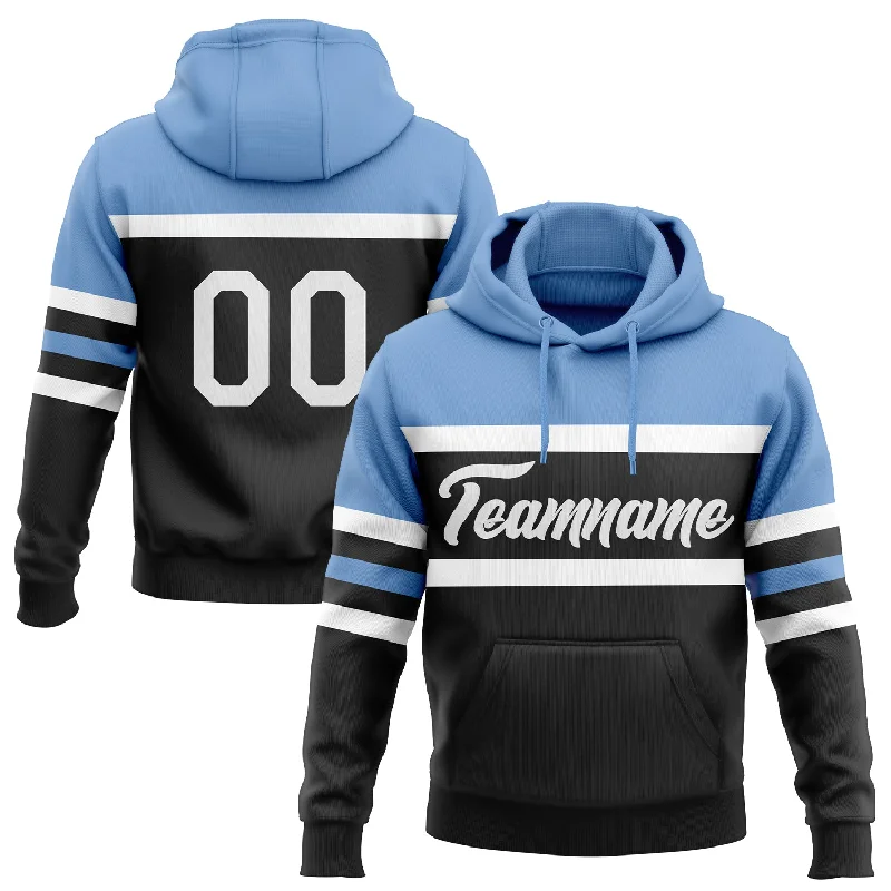 Women's Striped Hoodies-Custom Stitched Black White-Light Blue Line Sports Pullover Sweatshirt Hoodie