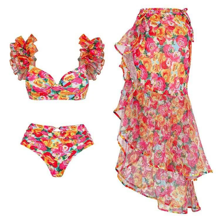 Women's Waterproof A-Line Skirts-Brandy Ruffle Floral Swimsuit Skirt Set