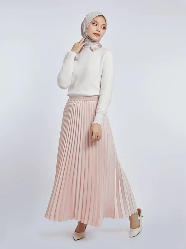 Women's Asymmetrical Skirts-SATIN PLEATED SKIRT PLAIN PINK