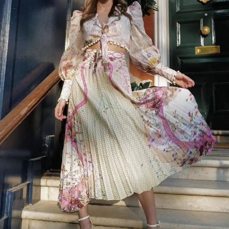 Women's Trendy Skirts-Isabelle Long Sleeve Floral Top And Long Skirt Set