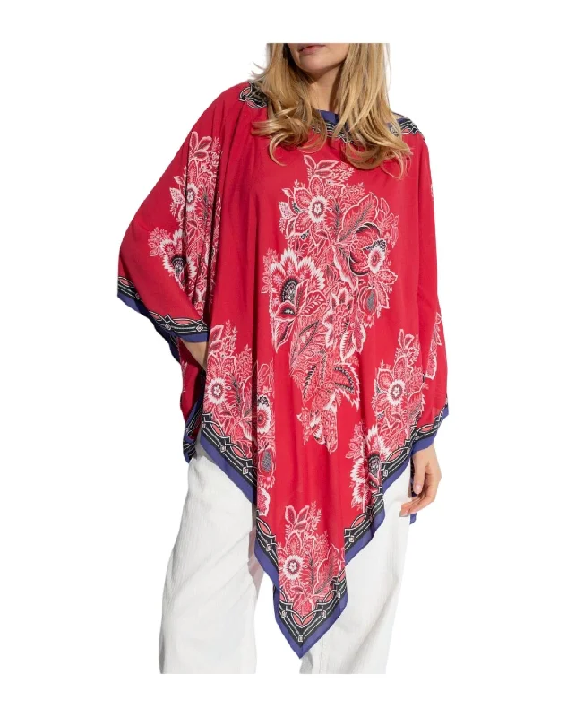 Women's Satin Pencil Pullovers-Floral Printed Asymmetric Poncho In Red Multi