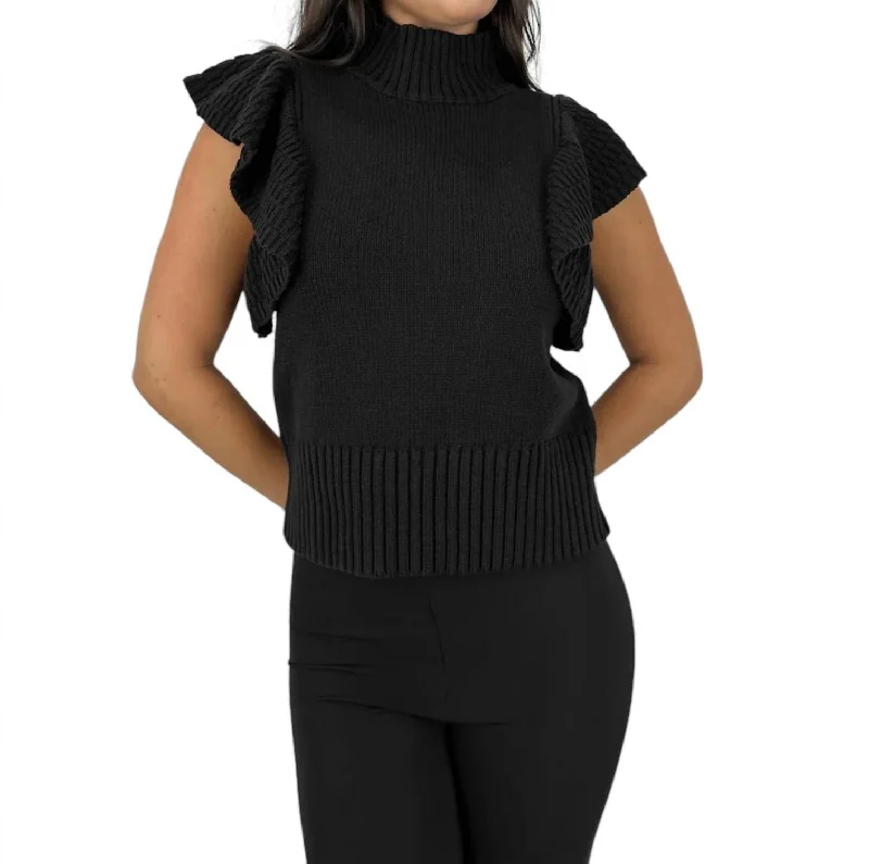 Women's Windproof Pullovers-Mock Neck Flutter Sleeve Sweater In Black