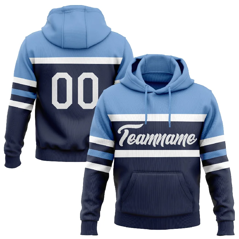 Women's Puff Sleeve Hoodies-Custom Stitched Navy White-Light Blue Line Sports Pullover Sweatshirt Hoodie