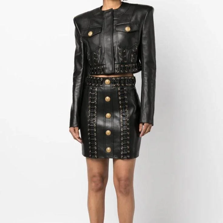 Women's Flared Skirts-Lona Double Pocket Leather Jackett + Eyelet Embellished Buttoned Leather Mini Skirt Set