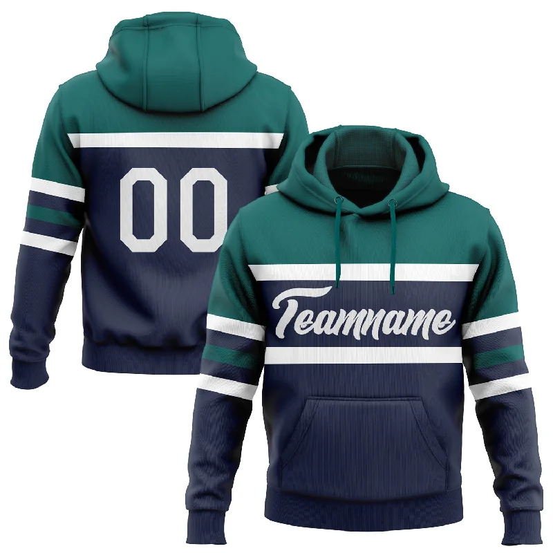 Women's Plus Size Hoodies-Custom Stitched Navy White-Teal Line Sports Pullover Sweatshirt Hoodie