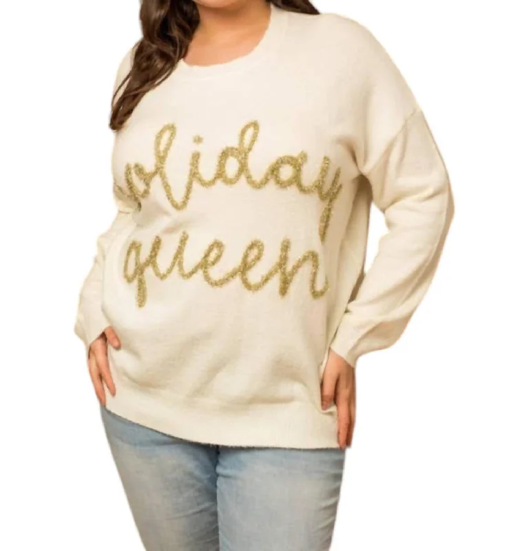 Women's V-Neck Pullovers-Holiday Queen Sweater - Plus In White