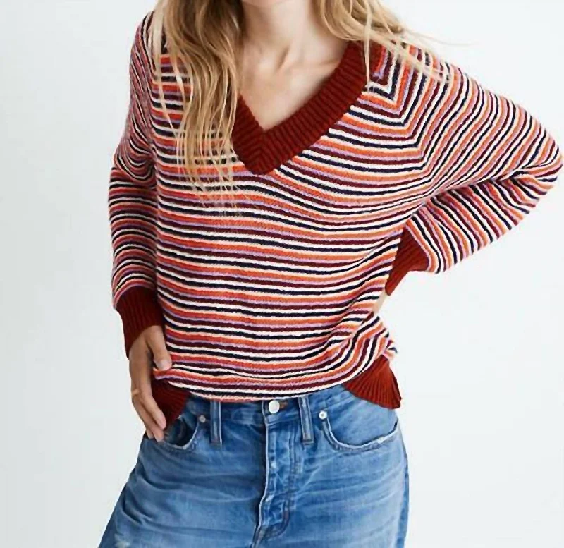 Women's Tulle Floral Pullovers-Arden V-Neck Crop Pullover Cotton Stripe Sweater In Maroon, White, Orange, Lilac