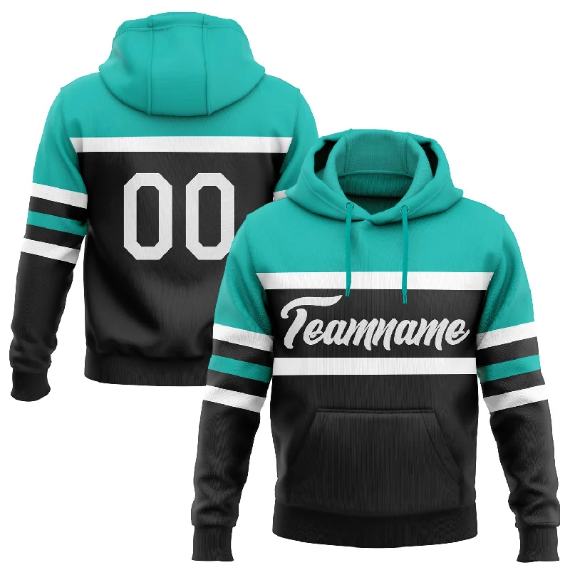 Women's Slim Fit Hoodies-Custom Stitched Black White-Aqua Line Sports Pullover Sweatshirt Hoodie