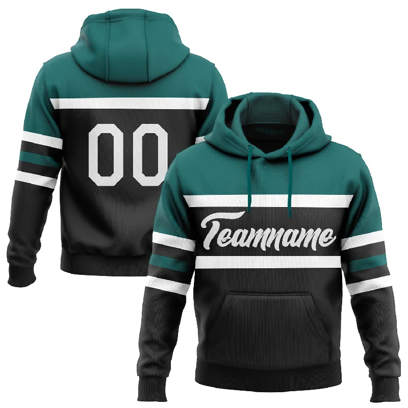 Women's Split Hem Hoodies-Custom Stitched Black White-Teal Line Sports Pullover Sweatshirt Hoodie