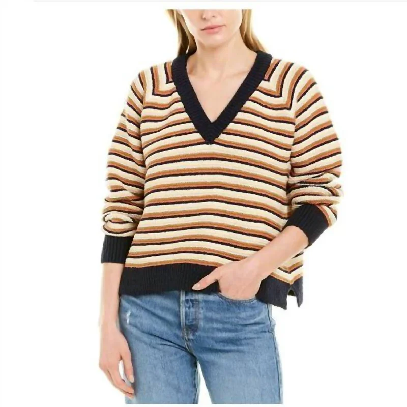 Women's Waterproof Pullovers-Arden Pullover V-Neck Cotton Stripe Sweater In Navy, White, Yellow