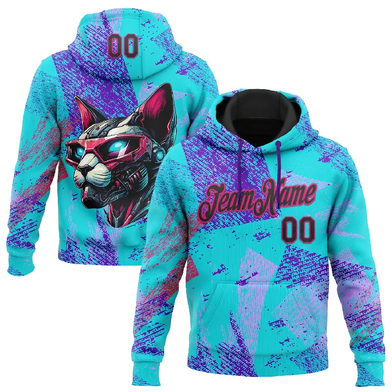 Women's Art Print Hoodies-Custom Stitched Ice Blue Black-Hot Pink 3D Halloween Abstract Brush Stroke Sports Pullover Sweatshirt Hoodie