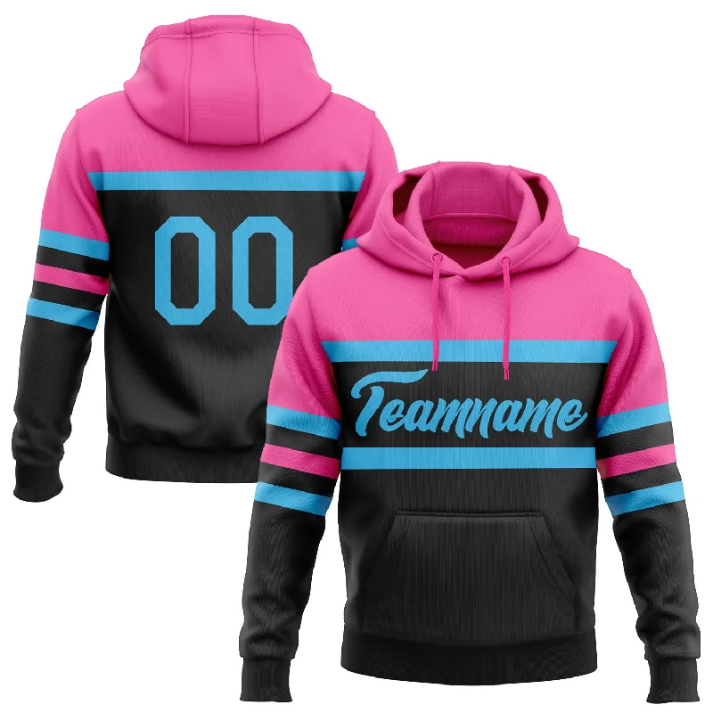 Women's Turtleneck Hoodies-Custom Stitched Black Sky Blue-Pink Line Sports Pullover Sweatshirt Hoodie