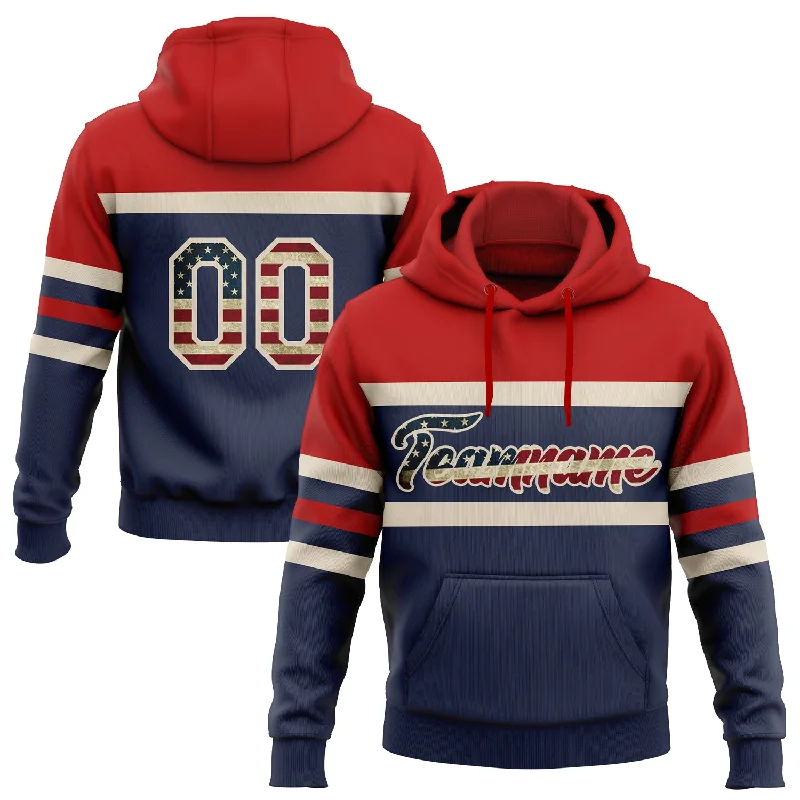 Women's Retro Hoodies-Custom Stitched Navy Vintage USA Flag Cream-Red Line Sports Pullover Sweatshirt Hoodie