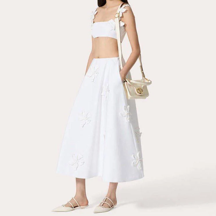 Women's Waterproof Pleated Skirts-Bailey Floral Appliqué Crop Top & Long Skirt Set