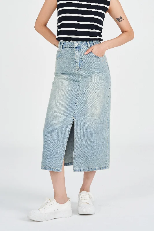 Women's Fringe Denim Skirts-Brooke Denim Column Skirt