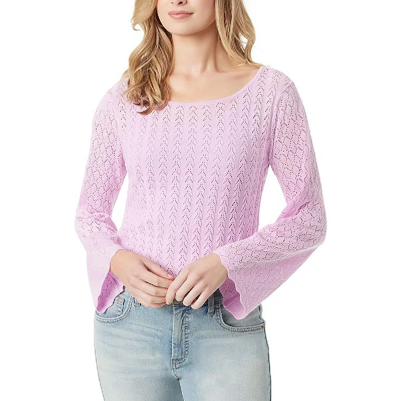 Women's Textured Denim Pullovers-Womens Knitted Bell Sleeve Crewneck Sweater