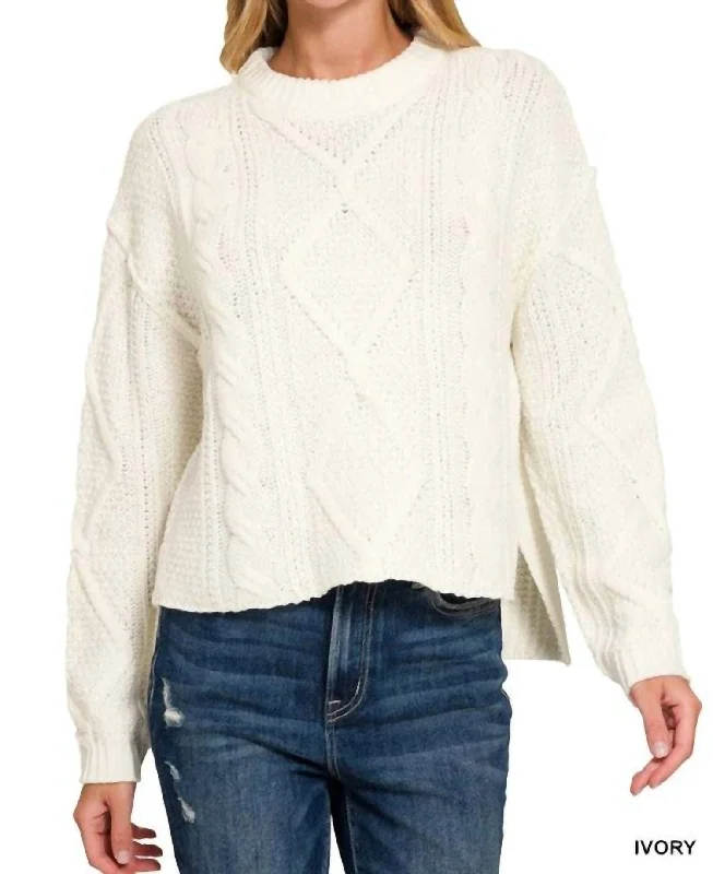 Women's Metallic Pencil Pullovers-Heather Cable Knit Sweater In Ivory