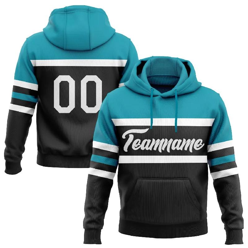 Women's Slit Hem Hoodies-Custom Stitched Black White-Teal Line Sports Pullover Sweatshirt Hoodie