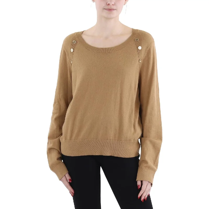 Women's Textured A-Line Pullovers-Womens Button Trim Long Sleeve Crewneck Sweater