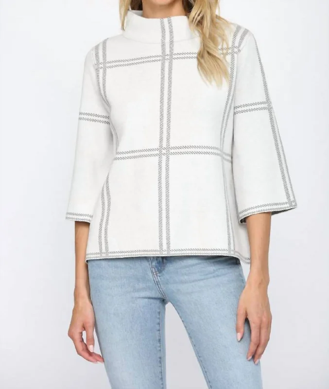 Women's Ribbed Denim Pullovers-Checker Sweater In White/grey