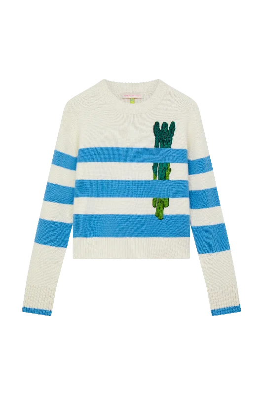 Women's Cotton Pullovers-Embroidered Asparagus Stripe Sweater