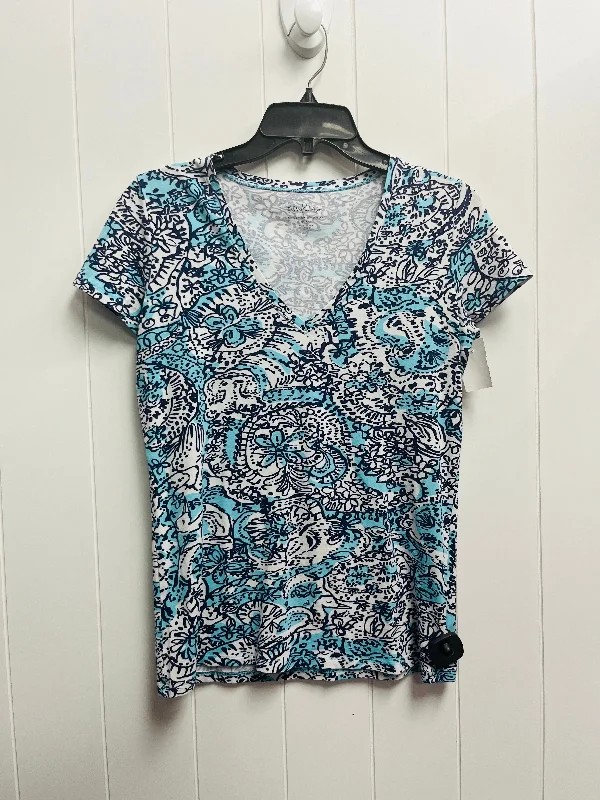 Top Short Sleeve Designer By Lilly Pulitzer In Blue & White, Size: S