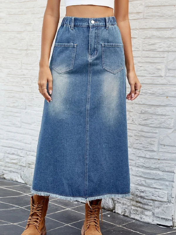 Women's Slit Pencil Skirts-Raw Hem Buttoned Denim Skirt with Pockets