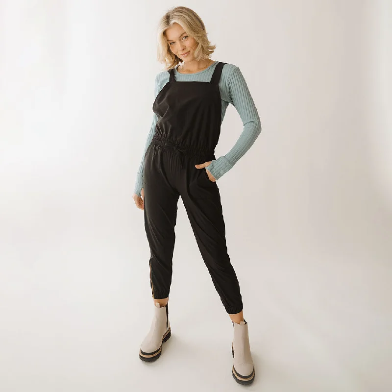 Women's Fleece Ruffle Pullovers-Black Classic Overall Jumpsuit