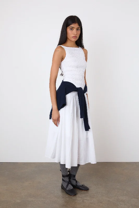 Women's Faux Suede Skirts-The Deba Seersucker Midi Skirt, Porcelain