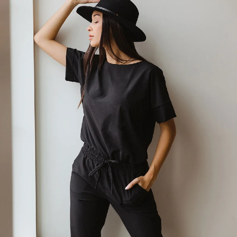 Women's Crew Neck Pullovers-Everyday Jumpsuit, Black