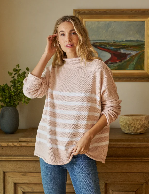 Women's Zip-Up Denim Pullovers-MONTEREY Vintage Rose with White Stripe, Pure Italian Cotton