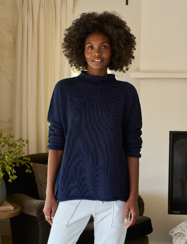 Women's Zip-Up Pleated Pullovers-MONTEREY Navy, Pure Italian Cotton