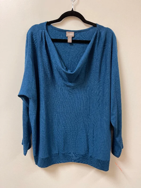 Women's Satin Pleated Pullovers-Sweater By Chicos In Blue, Size: Xl