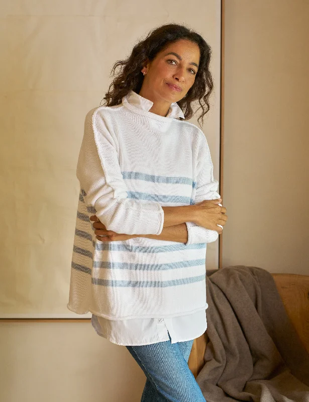 Women's Zip-Up Pencil Pullovers-MONTEREY White with Ice Stripe, Pure Italian Cotton