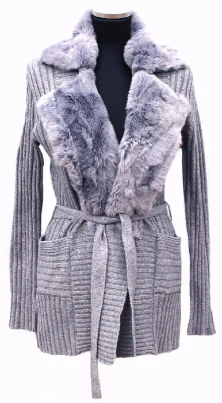 Women's Animal Print Pullovers-Knit Ribbed Sweater with Rex Rabbit Fur Envelope Collar-Light Grey