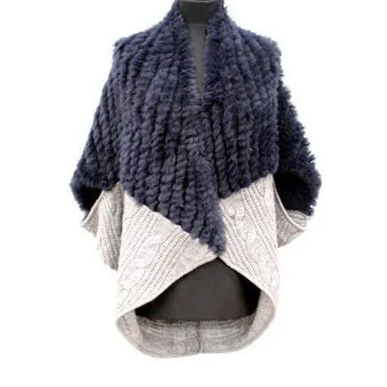 Women's Zip-Up Pleated Pullovers-Knitted Cocoon With Rex- Navy/Grey