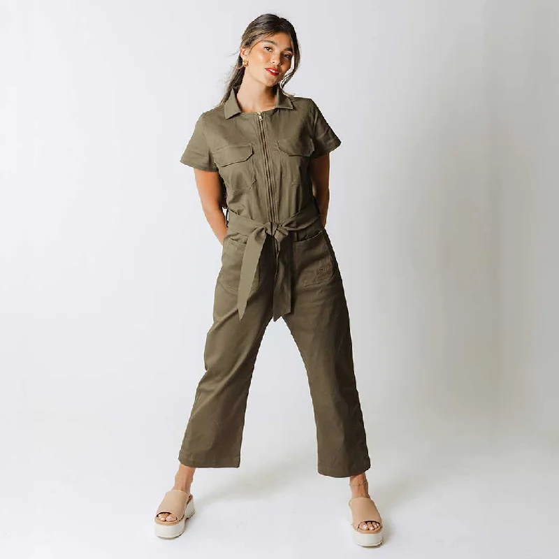 Women's Button-Front Pleated Pullovers-Hamptons Jumpsuit, Olive Canvas