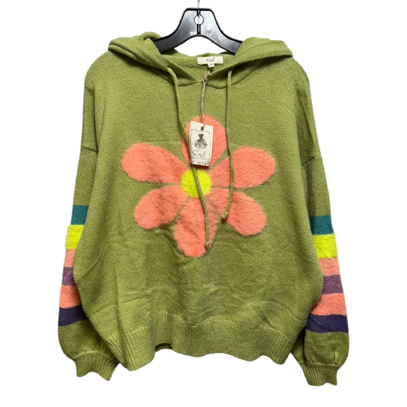 Women's Shimmer Ruffle Pullovers-Flower Hooded Sweater By Easel In Green, Size: M