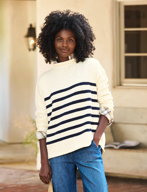 Women's Button-Front Ruffle Pullovers-MONTEREY Cream with Navy Stripe, Pure Italian Cotton