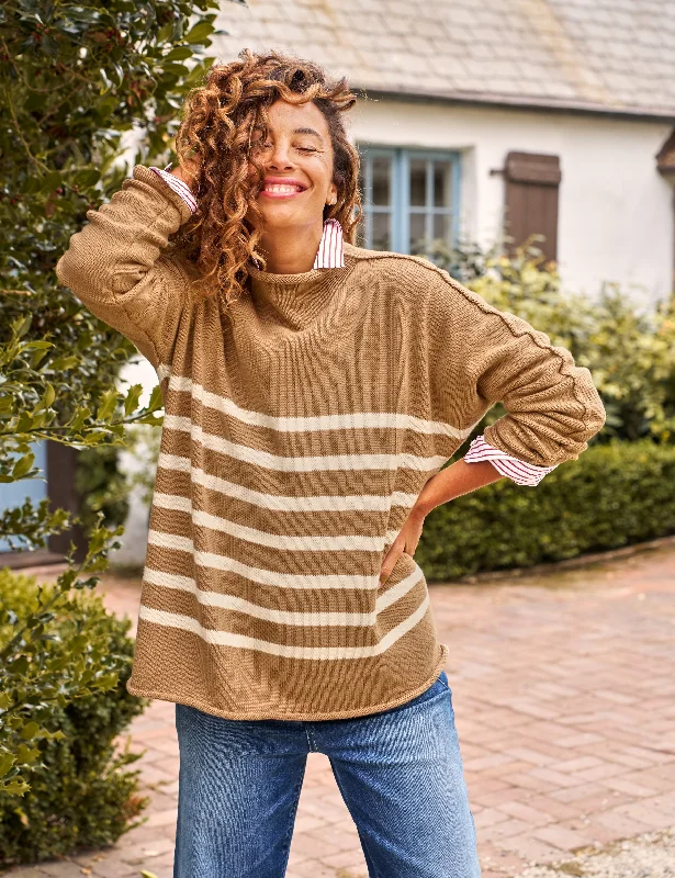 Women's Button-Front Floral Pullovers-MONTEREY Camel with Cream Stripe, Pure Italian Cotton