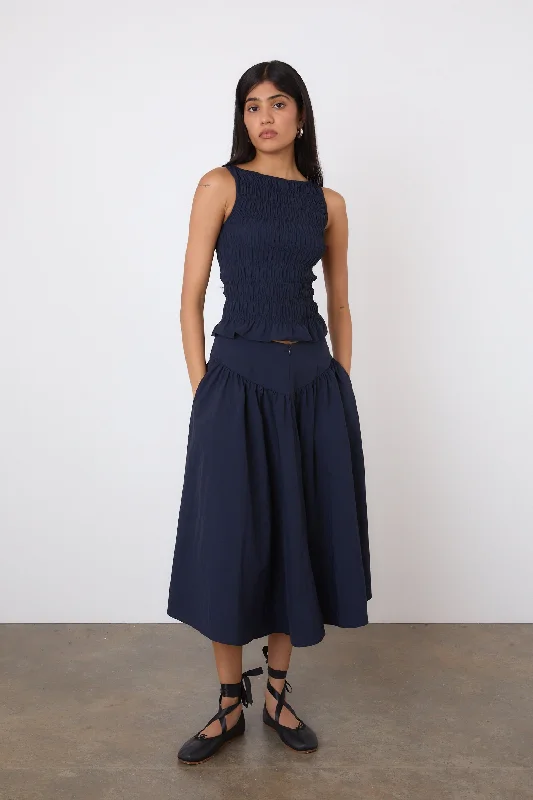 Women's Button-Front Denim Skirts-The Deba Midi Skirt, Midnight