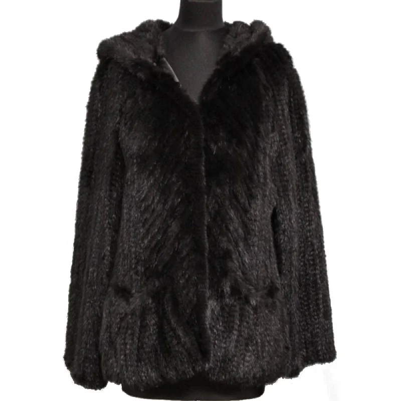 Women's Abstract Pullovers-Mink Jacket with Hood and Pockets