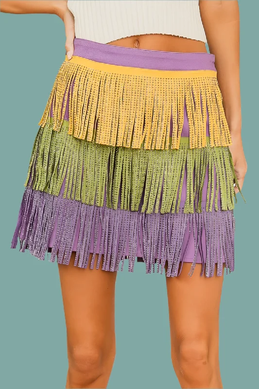 Women's Fringe Ruffle Skirts-Mardi Gras Rhinestone Fringed Skirt