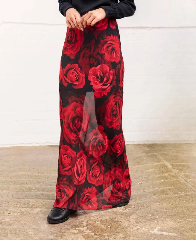 Women's Stylish Skirts-Red Rose Floral Chiffon Maxi Skirt