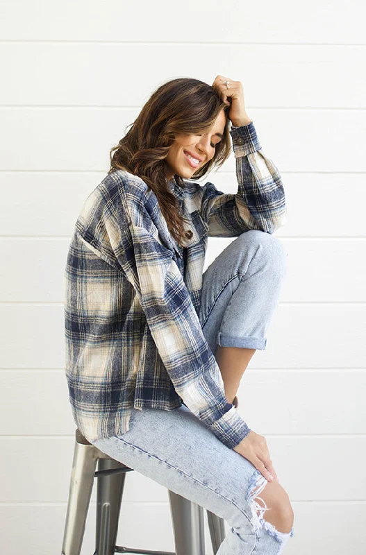 Women's Relaxed Fit Pullovers-Up Beat Navy Plaid Shacket - FINAL SALE